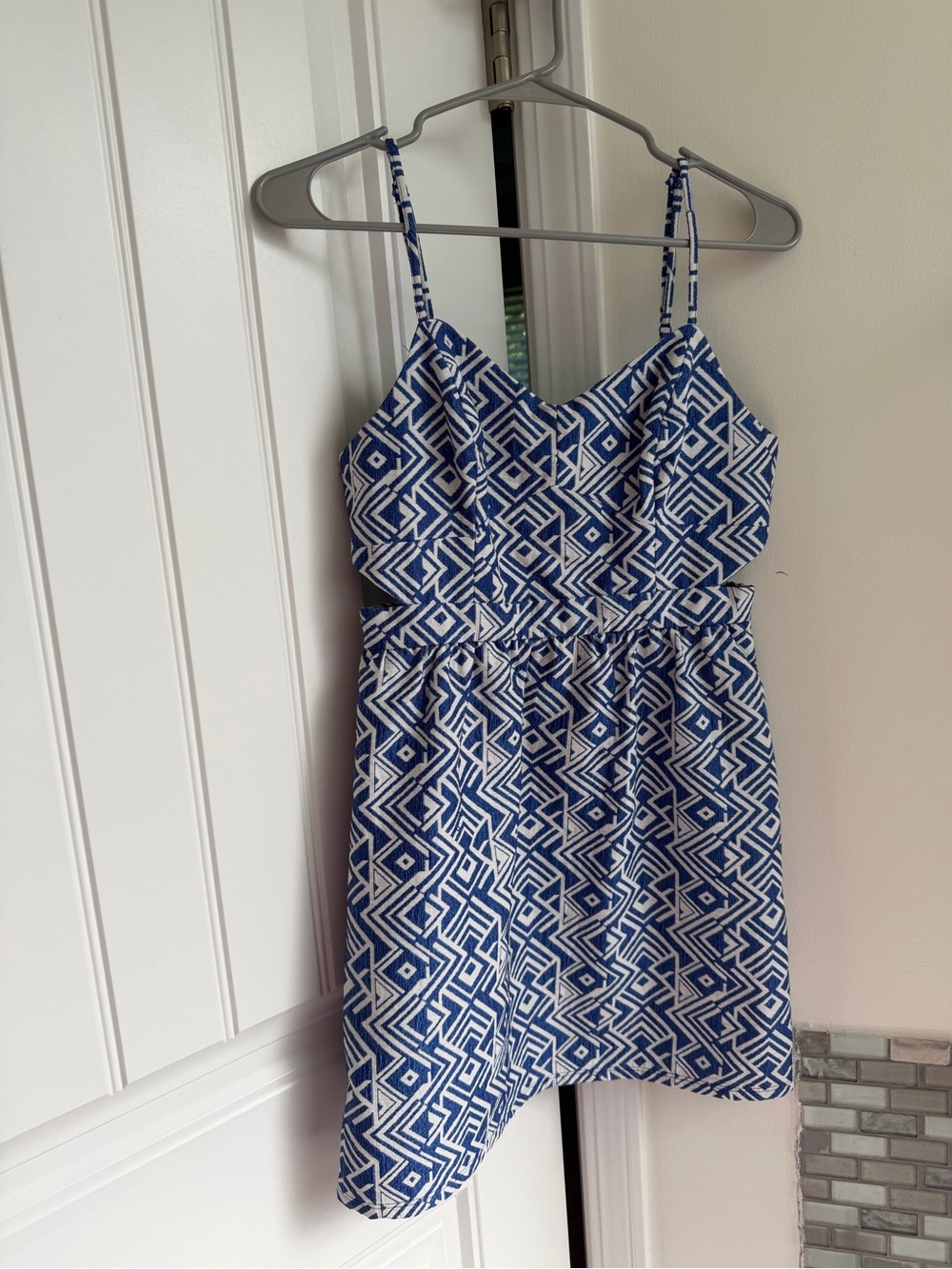 American Eagle Blue Geometric Print Spaghetti-Strap Dress